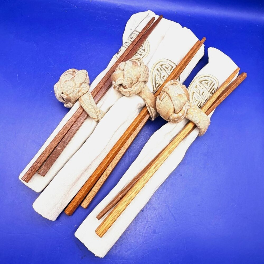 Asian Style Chopstick Set of 3 Gold Embroidered Medallion Table Linen Braided